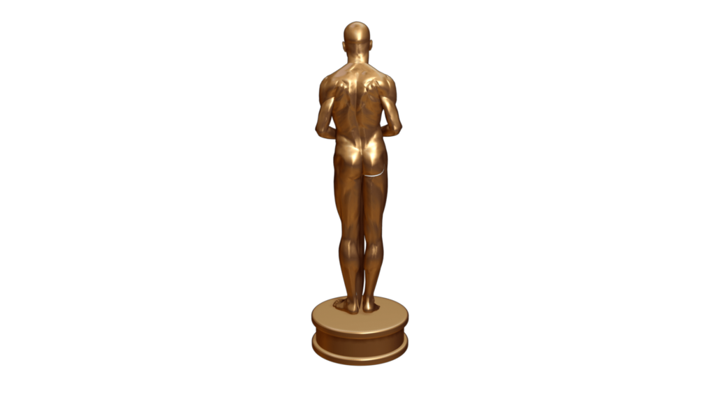A Movie Themed Bronze Human Shaped Statue On A White Background